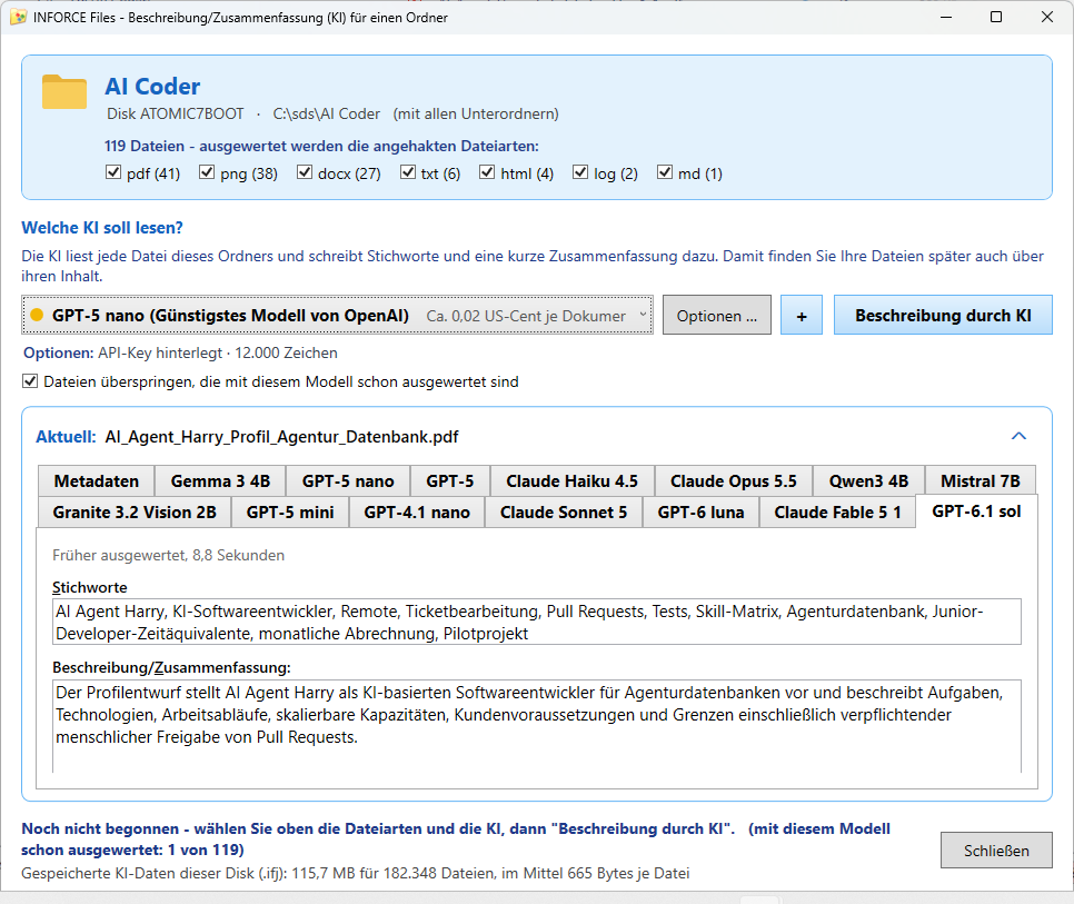 Dialog zur Beschreibung eines ganzen Ordners durch eine KI: Auswahl der Dateiarten und des KI-Modells, darunter Stichworte und Zusammenfassung der aktuellen Datei
